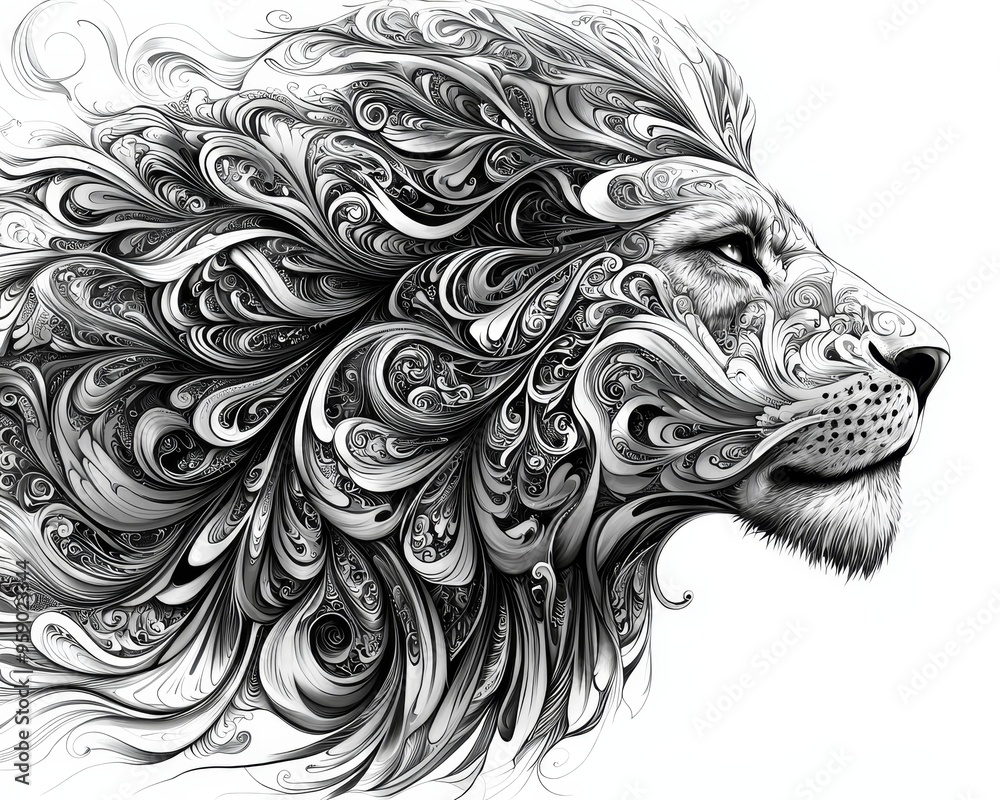 Monochrome Lion Profile Swirling Floral Pattern Composition A Detailed Portrait of Majesty and Power Tribal Monochrome Lion Profile Swirling Floral Pattern Composition A Detailed Portrait of Majesty and Power Tribal