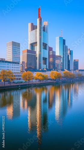 skyline of frankfurt mirrored skyscrapers finance district river blue sky soft sunlight urban scene