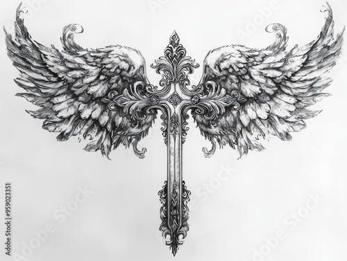 Ornate Cross with Feathered Wings Black Ink Drawing of a Detailed Religious Symbol Tribal