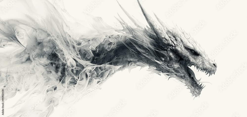 Obraz premium Ferocious Dragons Profile A Detailed Monochrome Portrait in Abstract Style Tribal