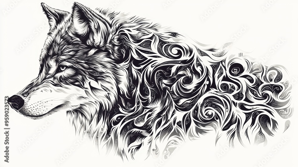 Wolfs Eye A Monochrome Profile with Abstract Fur and Intricate Patterns Tribal Wolfs Eye A Monochrome Profile with Abstract Fur and Intricate Patterns Tribal