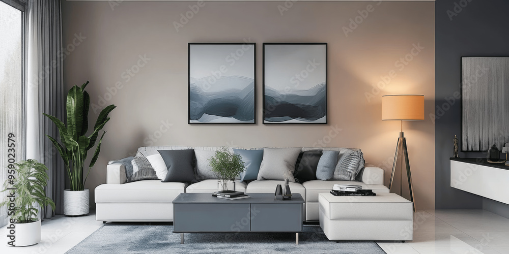 Modern Living Room with Abstract Art Frame and Decorative Accents Modern Living Room with Abstract Art Frame and Decorative Accents
