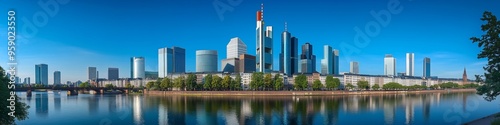 skyline of frankfurt germany gleaming skyscrapers finance district soft sunlight river reflection shadows