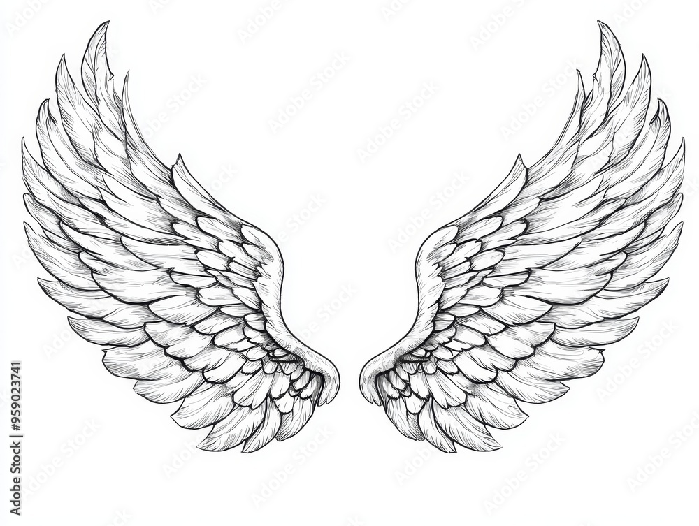 Penandink Sketch of Detailed Angel Wings Isolated on White Background Representing Freedom and Protection Tribal Penandink Sketch of Detailed Angel Wings Isolated on White Background Representing Freedom and Protection Tribal