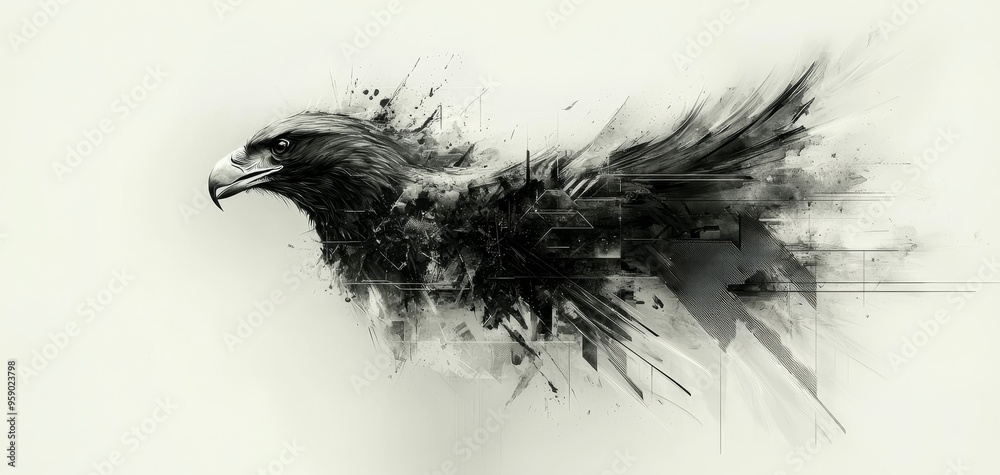 Obraz premium Abstract Eagle A Black and White Watercolor Depiction of a Powerful Bird Emerging from Geometric Shapes Tribal