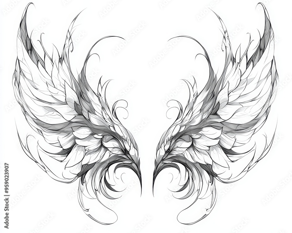 Intricate Line Art Black White Symmetrical Wings with Delicate Feather Details Tribal Intricate Line Art Black White Symmetrical Wings with Delicate Feather Details Tribal