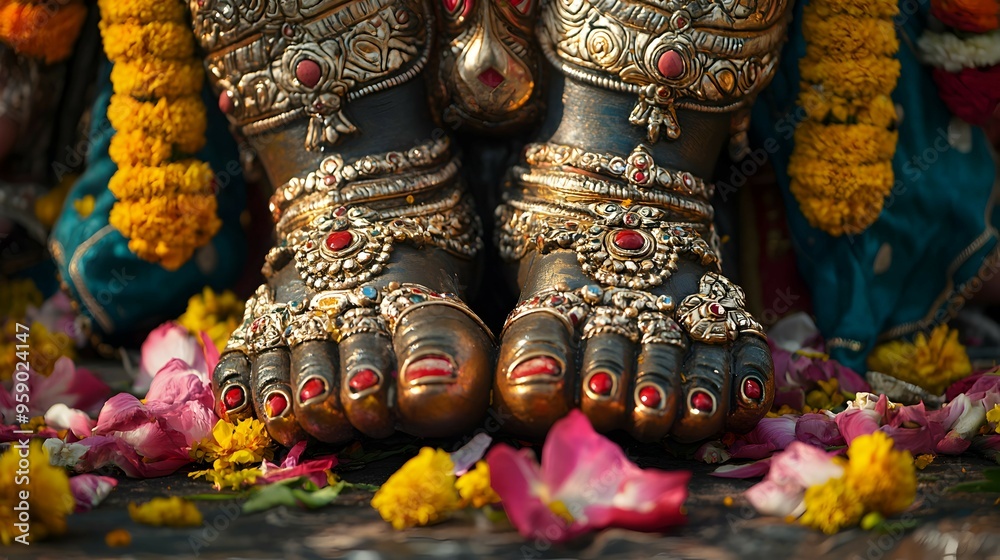 Fototapeta premium Ornate Feet of Deity with Flower Offerings