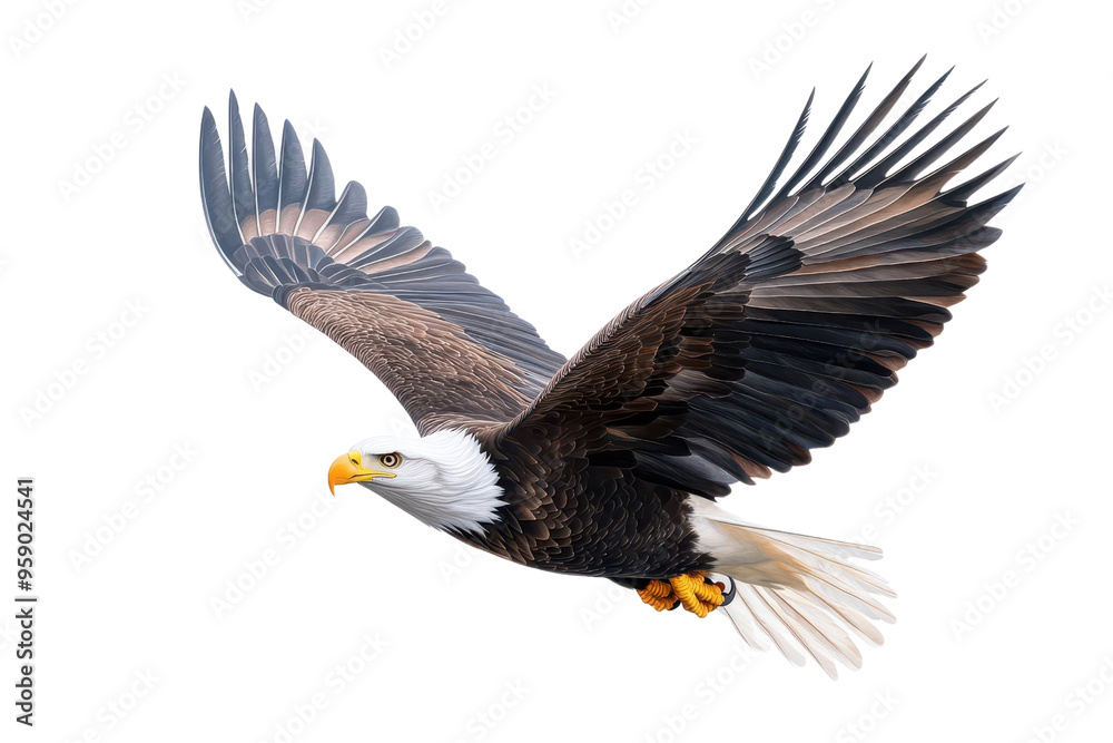 Obraz premium A majestic eagle soaring gracefully through the sky, showcasing its impressive wingspan and striking plumage.