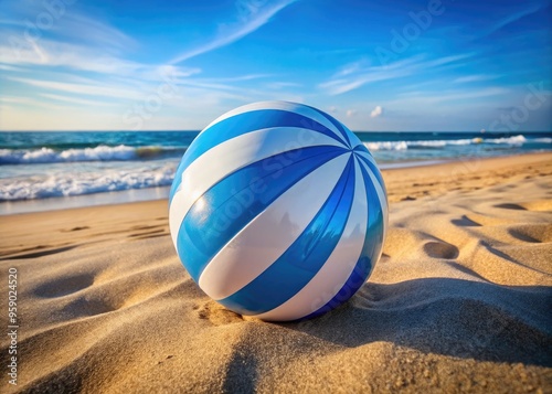 Vibrant beach ball with swirly blue and white stripes sits partially deflated on sun-kissed sand, abandoned amidst whispers of carefree summer days.