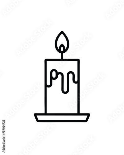 Editable stroke vector of a candle with a flame in a metal candle holder.