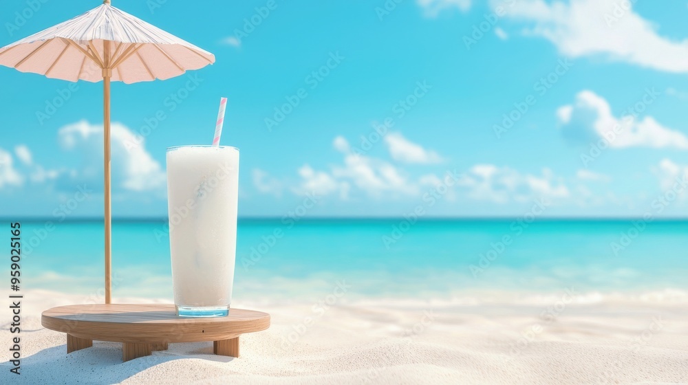 A refreshing drink on a tropical beach with a small umbrella. Perfect for summer cocktails, beach vacations, and tropical drinks. A refreshing drink on a tropical beach with a small umbrella. Perfect for summer cocktails, beach vacations, and tropical drinks.