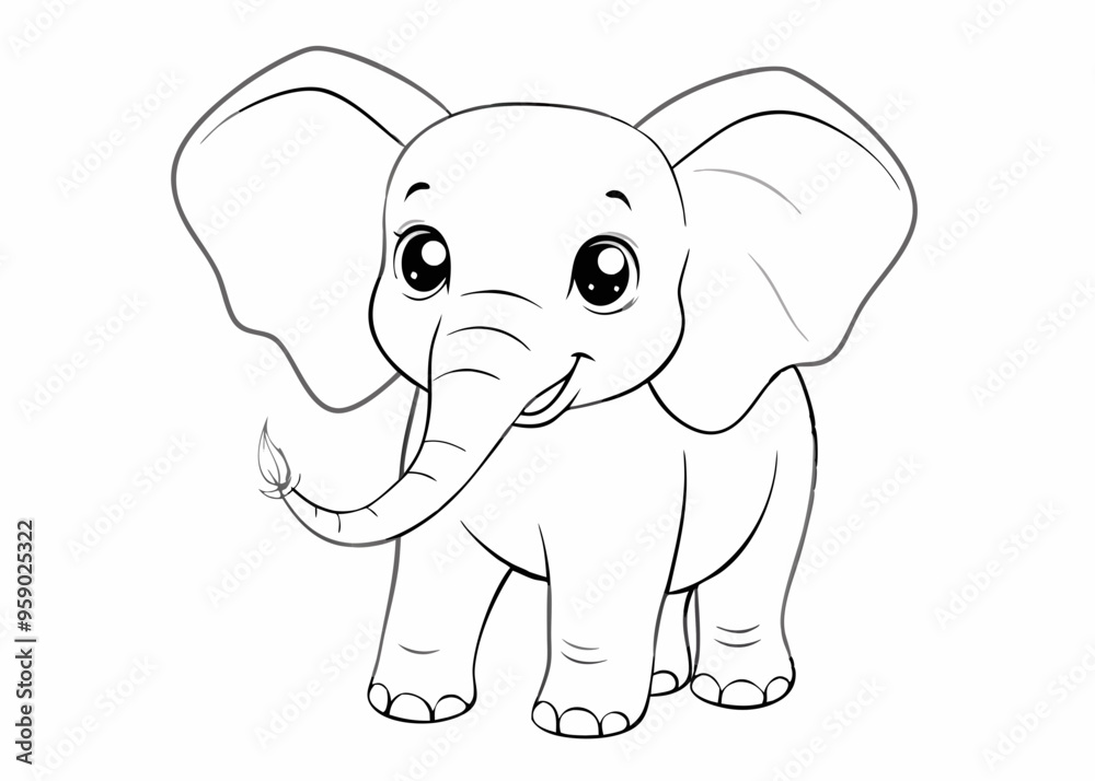 Fototapeta premium Cute cartoon elephant outline for coloring, cheerful design, fun activity, copy space