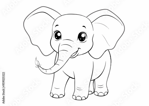 Cute cartoon elephant outline for coloring, cheerful design, fun activity, copy space