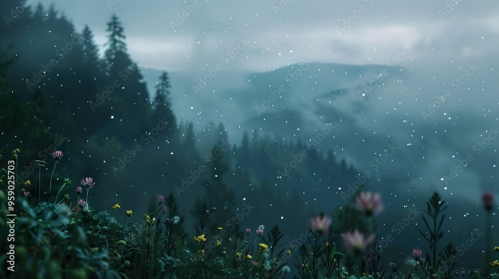 Misty mountains with rain falling on a field of wildflowers.