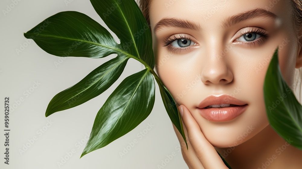 A young woman poses gracefully with a green leaf, showcasing her natural beauty in a serene indoor setting A young woman poses gracefully with a green leaf, showcasing her natural beauty in a serene indoor setting