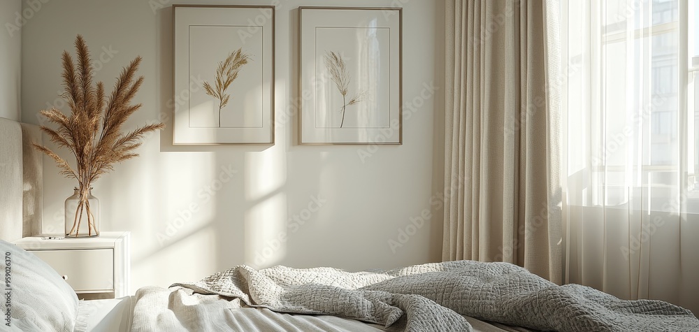 Minimalist Bedroom with Pampas Grass and Sunlight Streaming Through Sheer Curtains Minimalist Bedroom with Pampas Grass and Sunlight Streaming Through Sheer Curtains