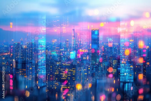 Wallpaper Mural Abstract cityscape at dusk with blurry lights and impressive colorful modern skyscrapers. Torontodigital.ca