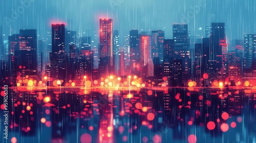 Abstract cityscape with blurry reflections from a flat top view. Rainy day theme. Animated. Vivid.