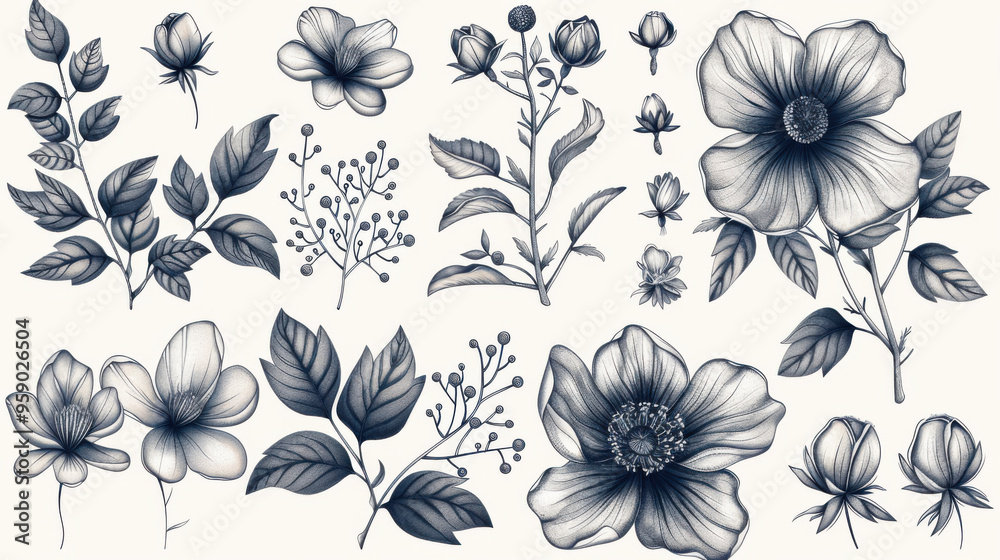 Fototapeta premium Beautifully hand-drawn vector floral elements, with flowers, leaves, and branches for elegant design compositions.