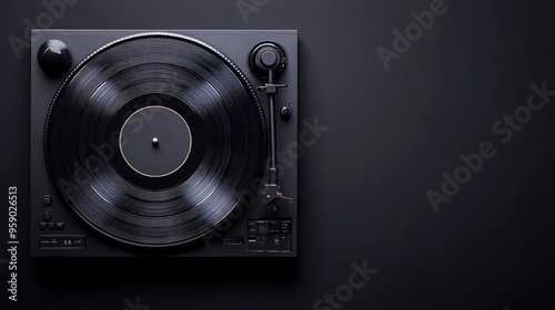 Retro Turntable on Black Background - Music and Entertainment Concept with Copy Space. Top View Vintage Record Player Design.