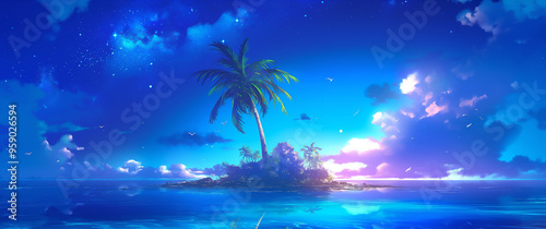 Scenery of the island. Styled like an anime or game background. Blue sky, sunset, sunrise, night, fog, snow, rain, cloudiness, autumn leaves, etc. photo