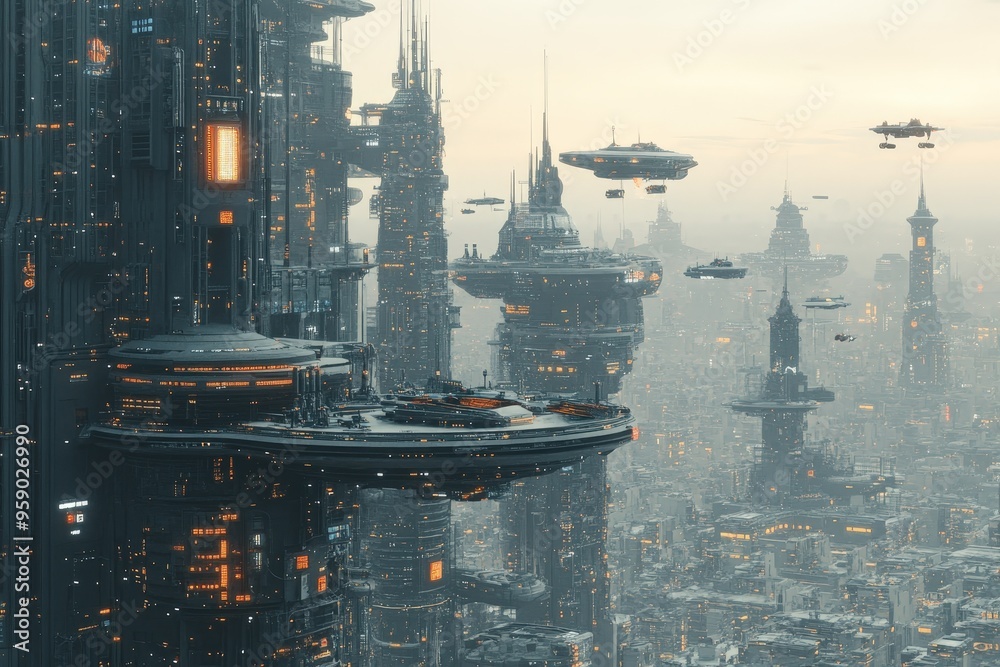 Futuristic cityscape with soaring skyscrapers and flying vehicles, blending technology and urban life in a vibrant setting. Futuristic cityscape with soaring skyscrapers and flying vehicles, blending technology and urban life in a vibrant setting.