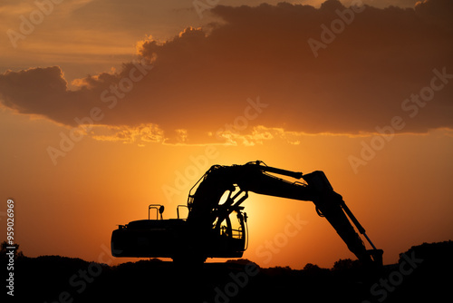 caterpillar with bucket silhouette in the beautiful sunset