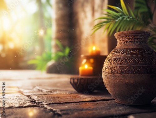 A rustic clay pot with intricate carvings sits on a wooden floor, adorned with flickering candles and lush greenery. The warm glow of the setting sun adds a serene ambiance.