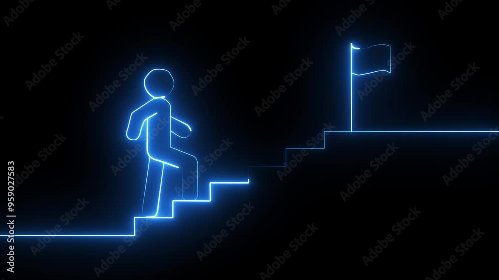  Neon icon of a person climbing stairs with a glowing neon effect.