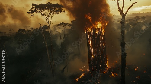 Devastation in the Amazon - Scorched Canopy Tower Amidst Biodiversity Loss