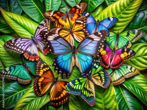 Vibrant butterflies of various species cluster together on a lush green leaf, their delicate wings folded and unfolded, showcasing a kaleidoscope of colors and patterns. photo