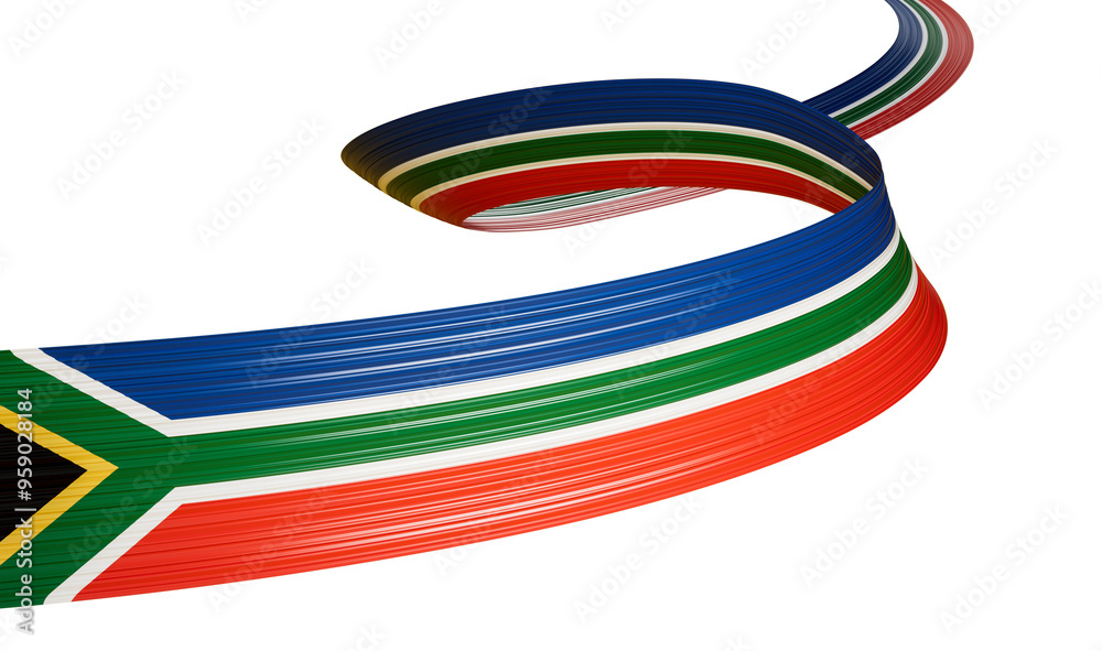 Fototapeta premium 3d Flag Of South Africa, 3d Wavy Shiny Ribbon Flag Isolated On White Background, 3d illustration 