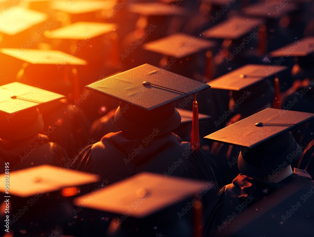 A sea of black graduation caps in a warm, golden light. The caps are arranged in rows, symbolizing the culmination of education and the beginning of new opportunities. A sea of black graduation caps in a warm, golden light. The caps are arranged in rows, symbolizing the culmination of education and the beginning of new opportunities.