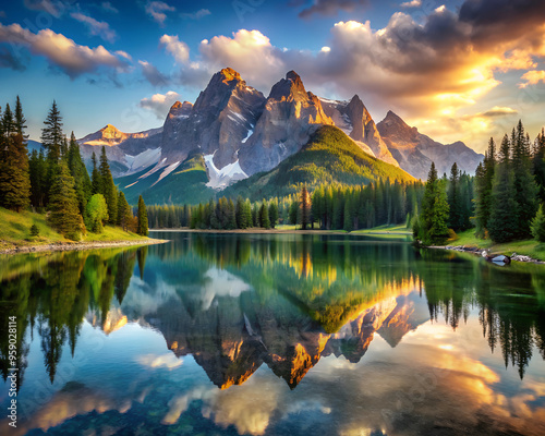 amazing alpine landscape, trees, mirrored river on the background of snow-capped mountains