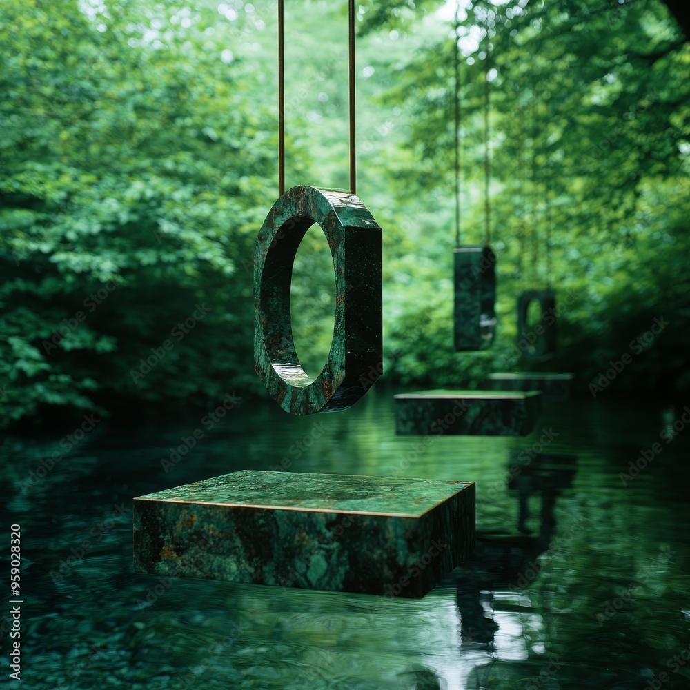 Fototapeta premium A serene forest scene with a swing hanging over a tranquil pond.