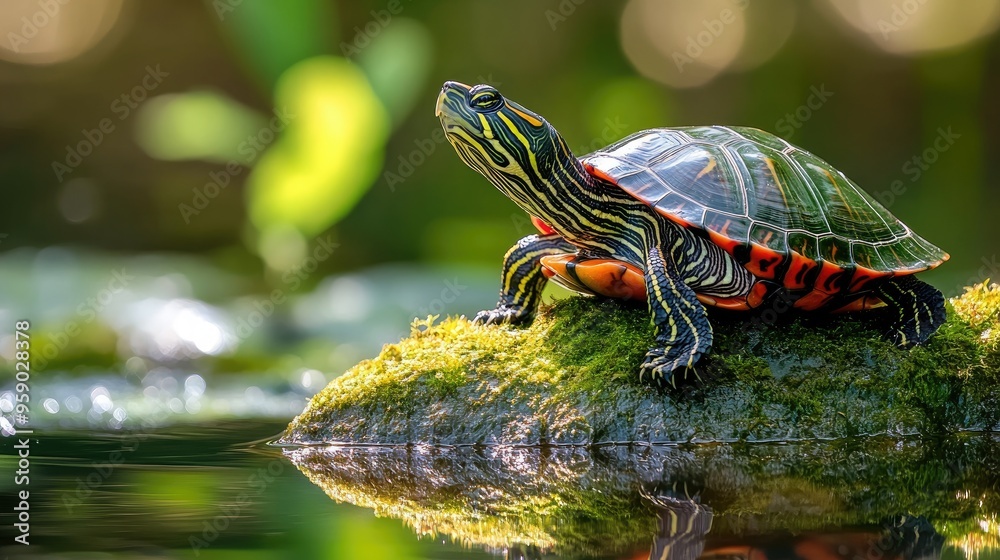 A vibrant turtle basking on a mossy rock by the water's edge. A vibrant turtle basking on a mossy rock by the water's edge.