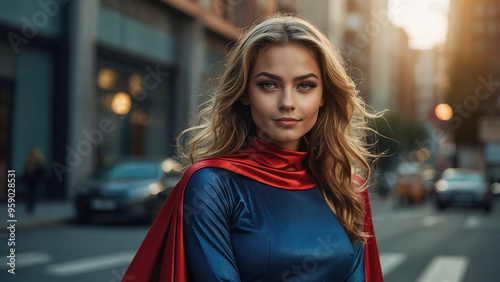 A confident female superhero stands ready for action in a bustling urban setting during golden hour, showcasing her vibrant costume and cape