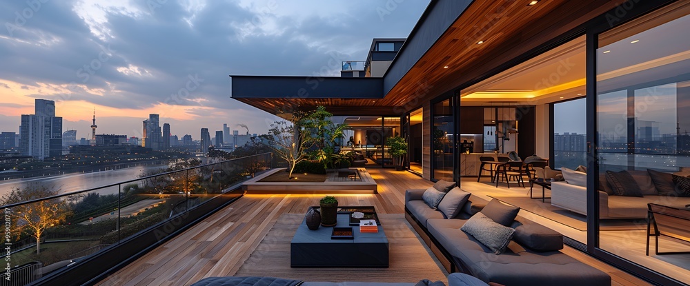 Fototapeta premium Modern rooftop patio with city skyline views and comfortable seating.
