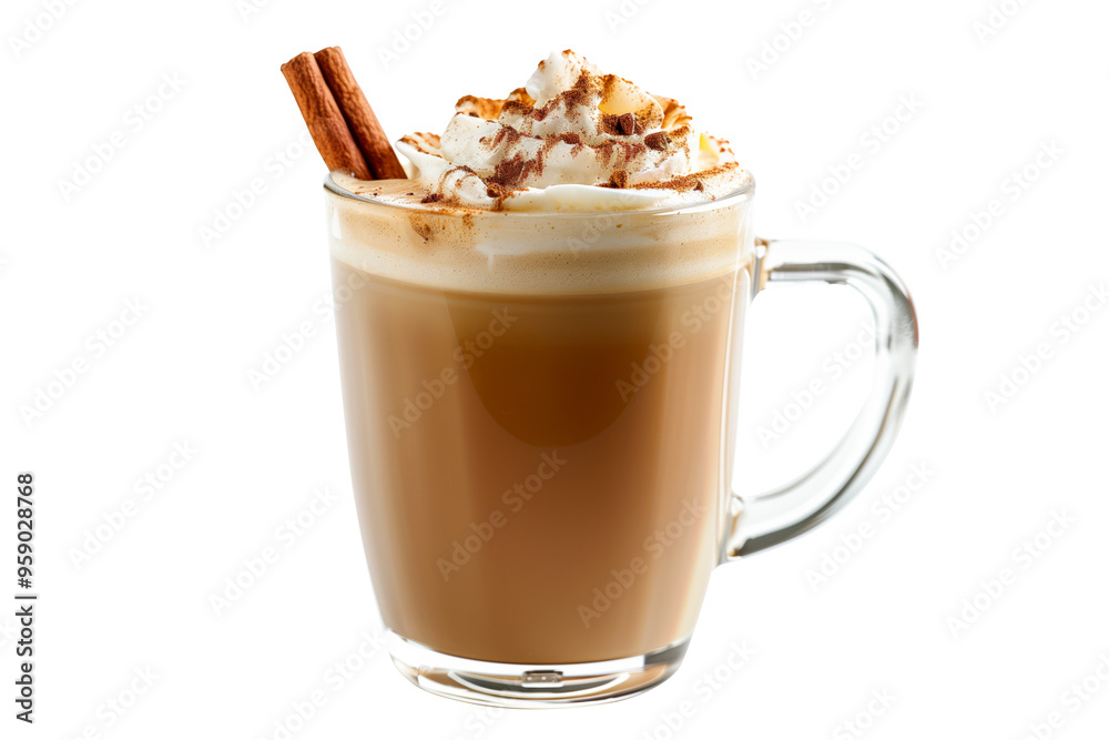 Cup of rich creamy coffee or chai latte crowned with fluffy whipped cream and a sprinkle of cinnamon isolated on white background with clipping path. The warm beverage for cozy afternoon, radiating co Cup of rich creamy coffee or chai latte crowned with fluffy whipped cream and a sprinkle of cinnamon isolated on white background with clipping path. The warm beverage for cozy afternoon, radiating co