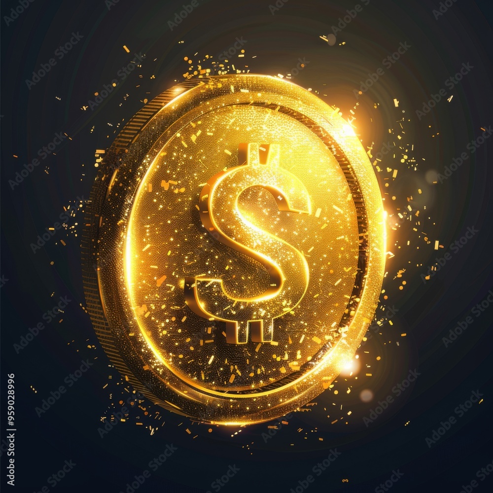 A shiny golden coin with a dollar sign in the center, surrounded by sparkling particles on a black background. A shiny golden coin with a dollar sign in the center, surrounded by sparkling particles on a black background.