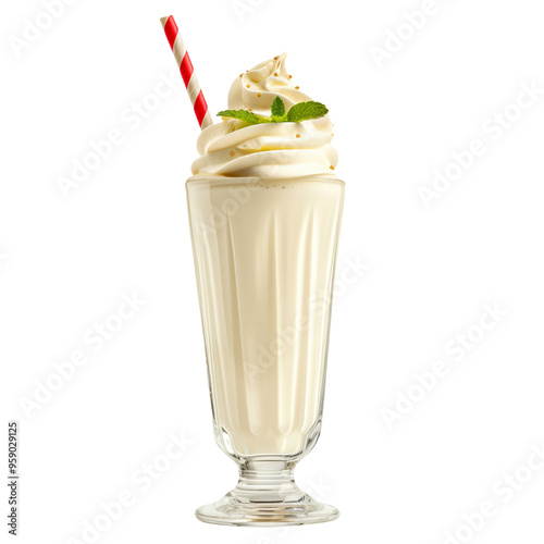 Vanilla milkshake topped with whipped cream and a red straw isolated on white background with clipping path photo