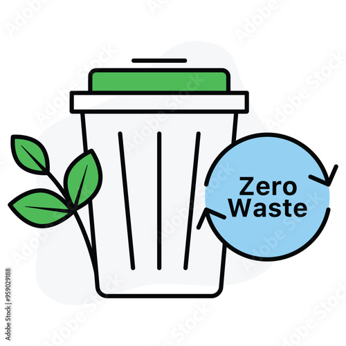 Vector icon for Zero Waste. Shows a recycling bin with green leaves and a blue circular symbol with arrows around it, promoting zero waste practices with a clean, minimalist design.