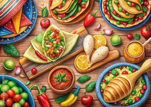 Vibrant colored pencil illustrations of traditional Mexican dishes, including tacos, nachos, quesadillas, and burritos, surrounded by festive sombreros and maracas. photo