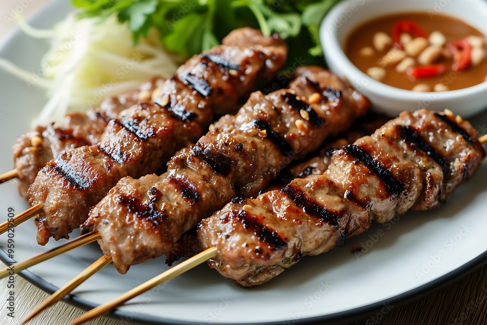 Succulent Thai-Style Grilled Pork Skewers with Peanut Sauce Savory Asian Delicacy Close-Up Succulent Thai-Style Grilled Pork Skewers with Peanut Sauce Savory Asian Delicacy Close-Up