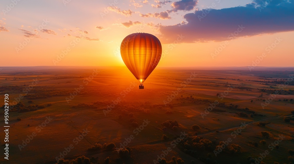 A single hot air balloon ascends through a vibrant sunrise, casting a golden glow over the vast landscape below. A single hot air balloon ascends through a vibrant sunrise, casting a golden glow over the vast landscape below.