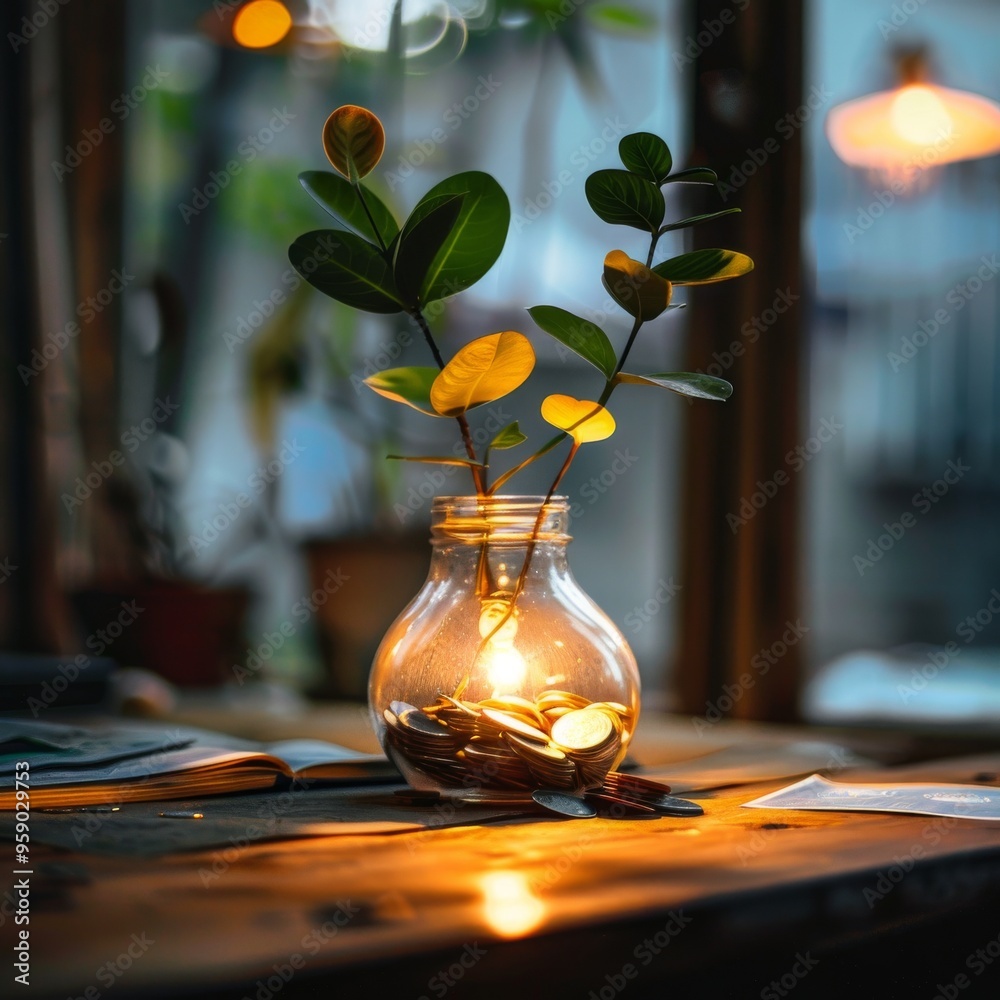 A single light bulb vase with green plant branches sits on a wooden table with warm light. A single light bulb vase with green plant branches sits on a wooden table with warm light.