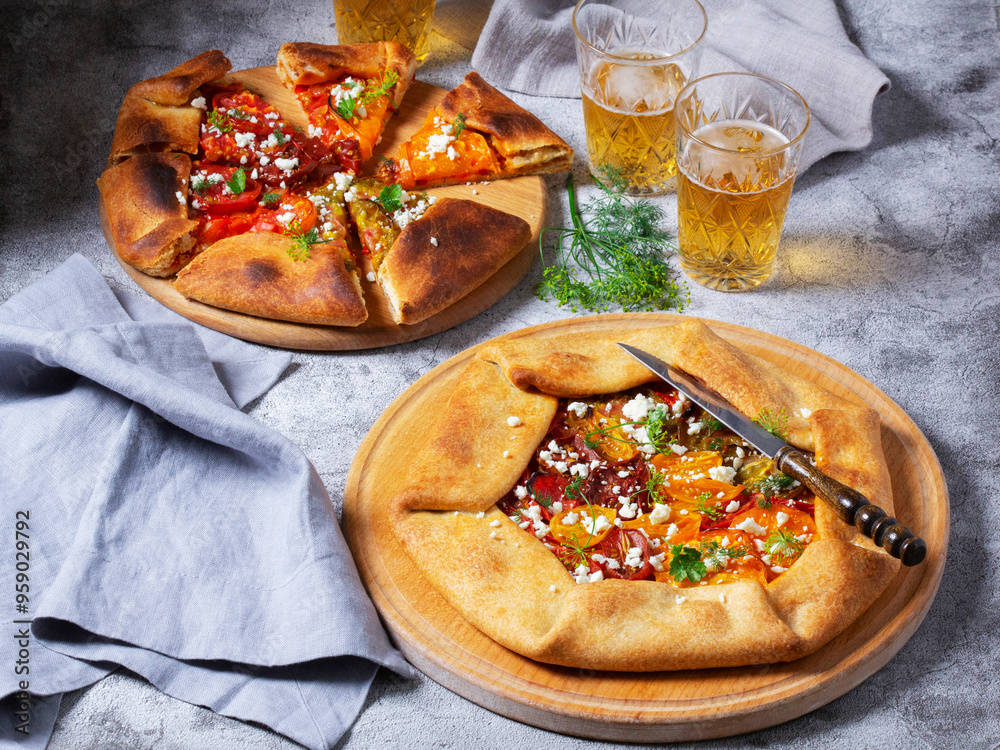 Traditional open pie galette with tomatoes, cheese and herbs, served with beer or wine.