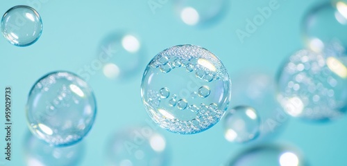 S Wayne Leia, light blue background, clear bubbles floating in the air, transparent glass material