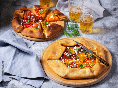 Obraz na płótnie Traditional open pie galette with tomatoes, cheese and herbs, served with beer or wine. w salonie