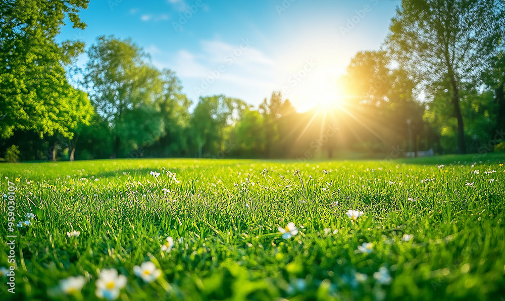 Beautiful green grass in the park with trees and a blue sky on a sunny day Beautiful green grass in the park with trees and a blue sky on a sunny day